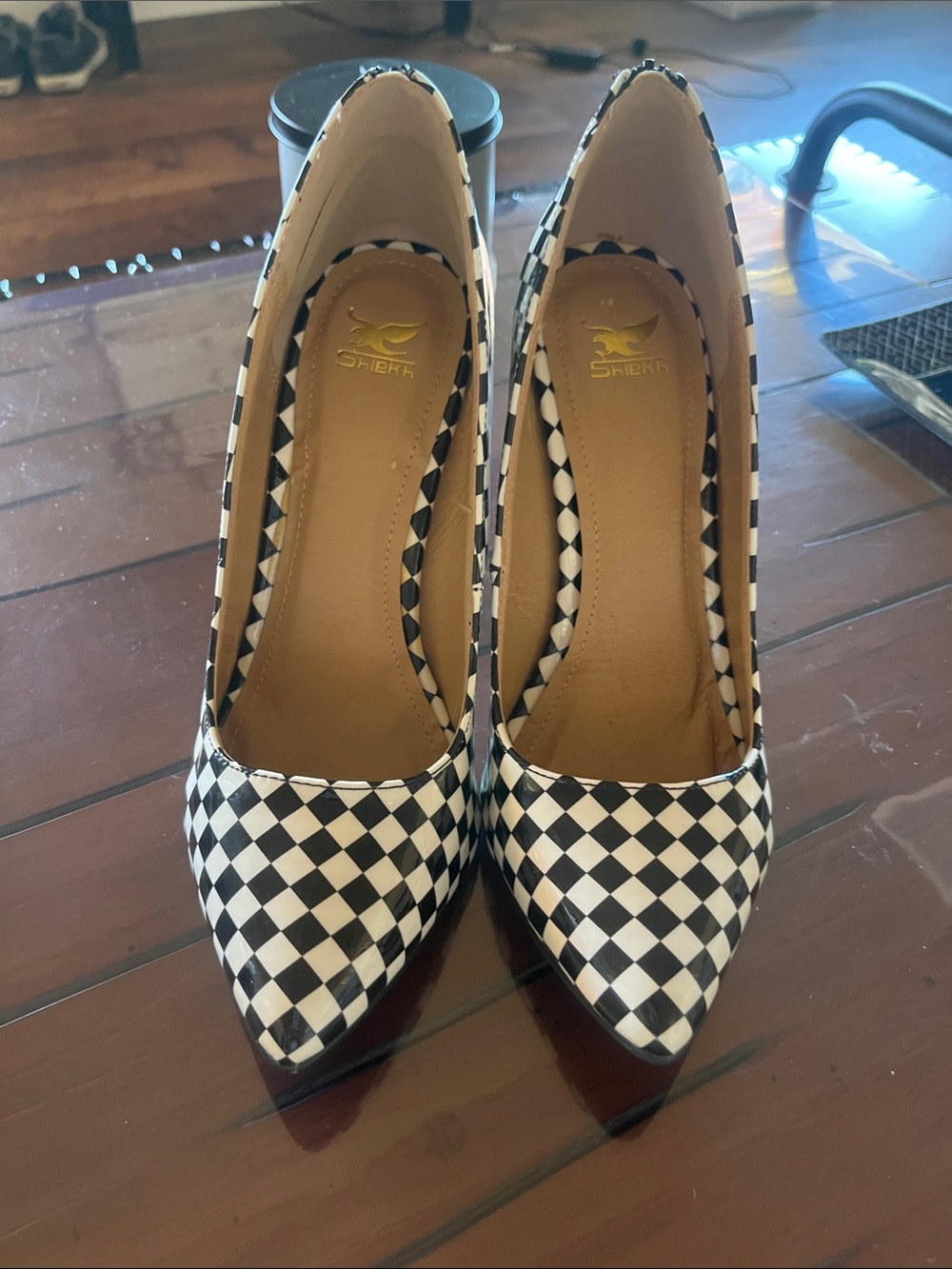NEW SHEKH Checkerboard Pointed Toe Pumps — Black & White
